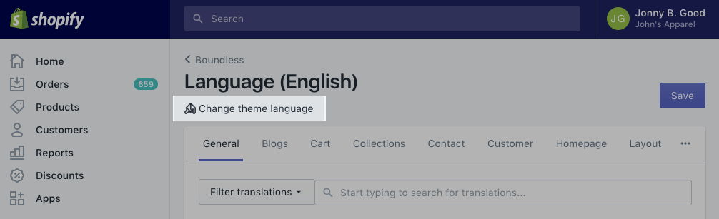 The Change theme language link in the language editor