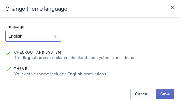 A window with a drop-down menu for the available languages 