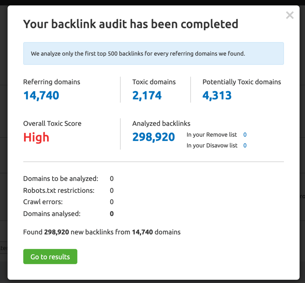 Captura de pantalla de los resultados de la herramienta de auditoría de backlinks