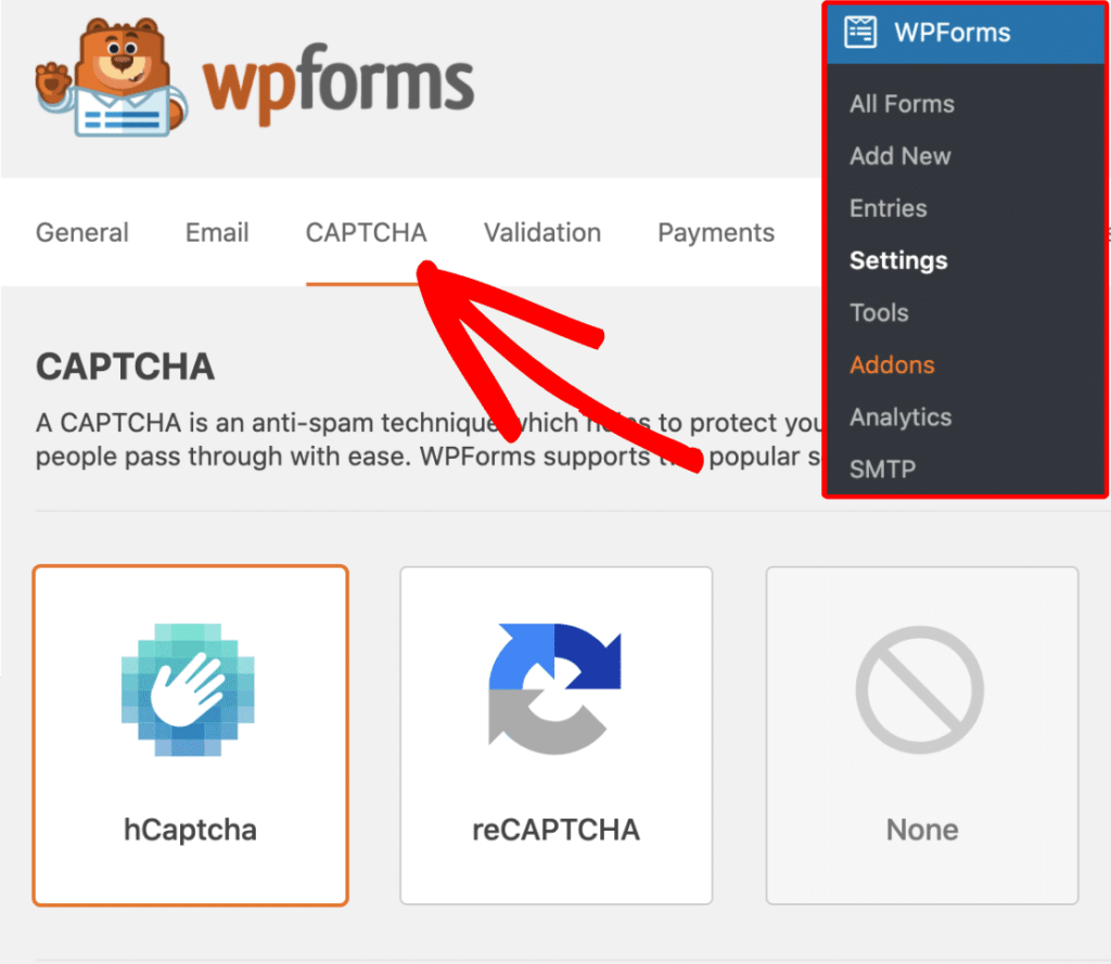 Pestaña Captcha en WPForms