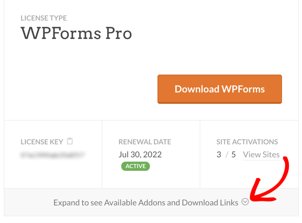 Expanda la lista de complementos disponibles para su cuenta de WPForms
