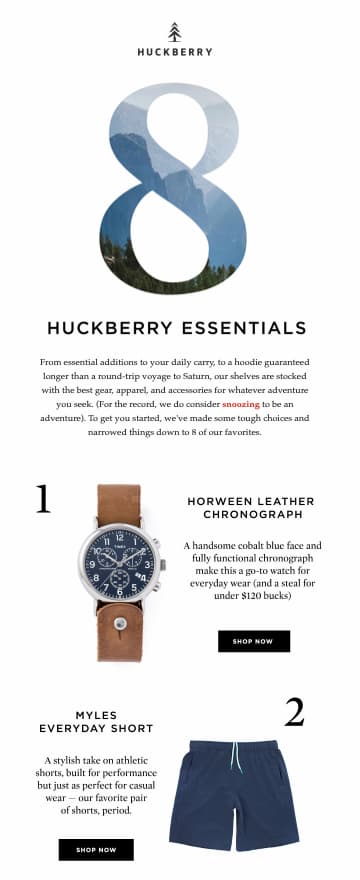 入職電子郵件顯示Huckberry 商店中可用的各種產品類別。