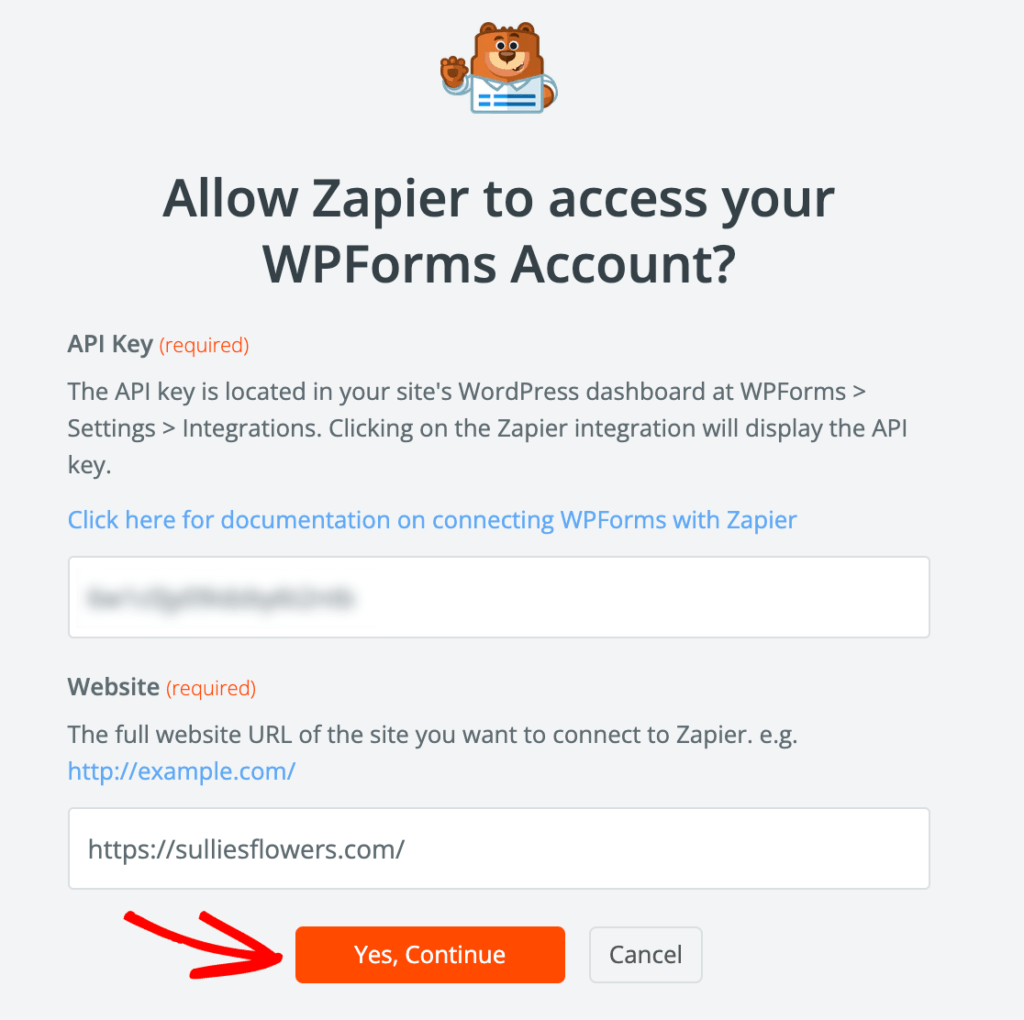 通过提供您的 API 密钥允许 Zapier 访问您的 WPForms 帐户