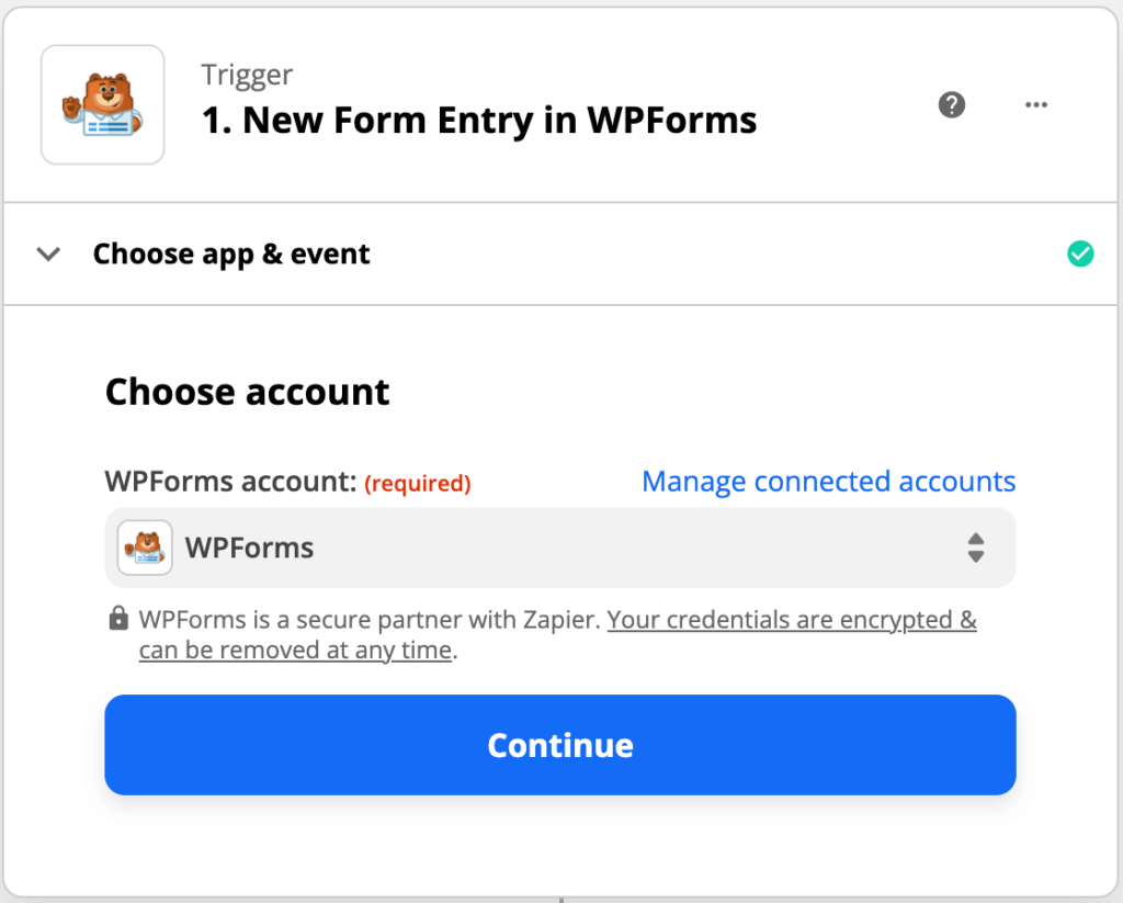 在 Zapier 中选择您的 WPForms 帐户