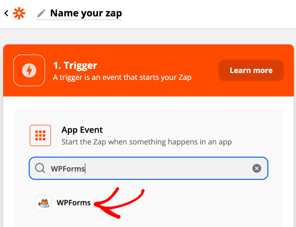 Seleccione WPForms como la aplicación desencadenante en Zapier