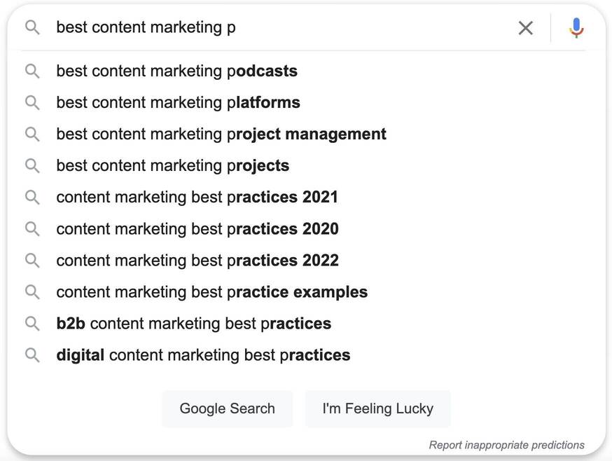 谷歌自动填充“best content marketing p”