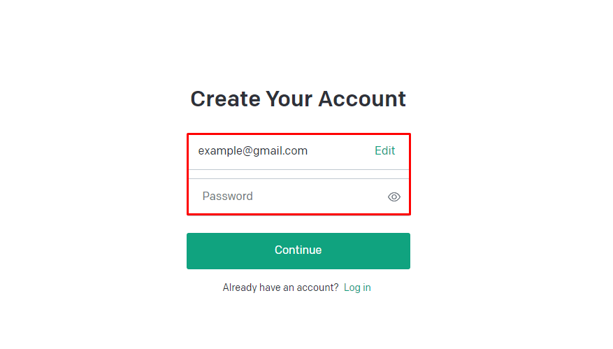 OpenAI 创建新帐户页面，突出显示电子邮件和密码字段