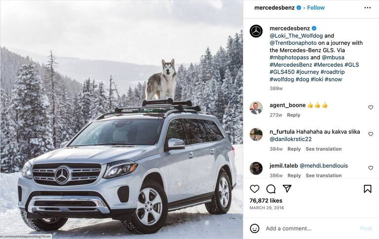 梅賽德斯-奔馳GLS 和Loki 在白雪皚皚的科羅拉多州的Instagram 帖子