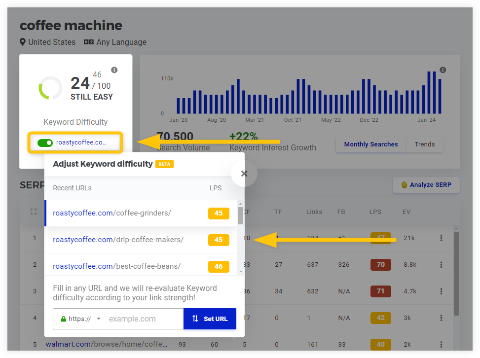 KWFinder - 相对值模式窗口中最后插入的 10 个 URL